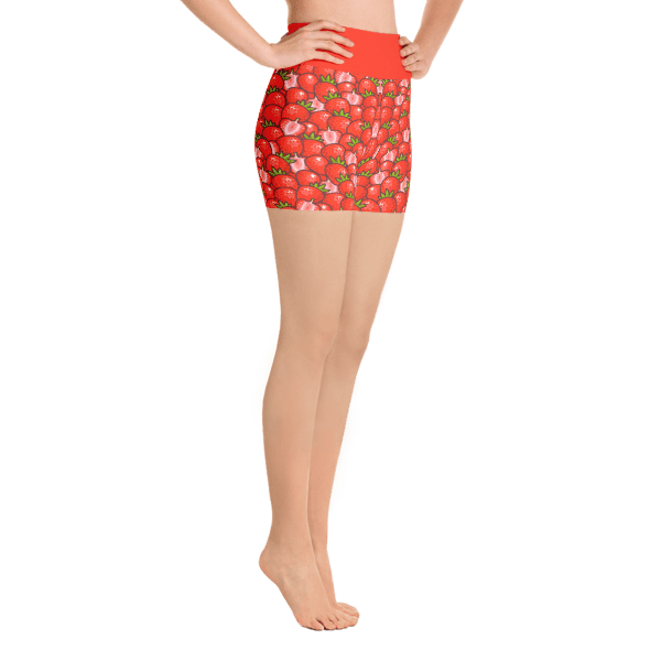 Red Strawberries Yoga Short Pants with a Small Inner Pocket