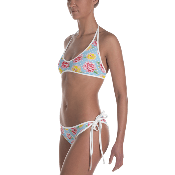 White, Pink and yellow Flowers on the polka dots Print Reversible Bikini - Women’s Beachwear Bathing Suit