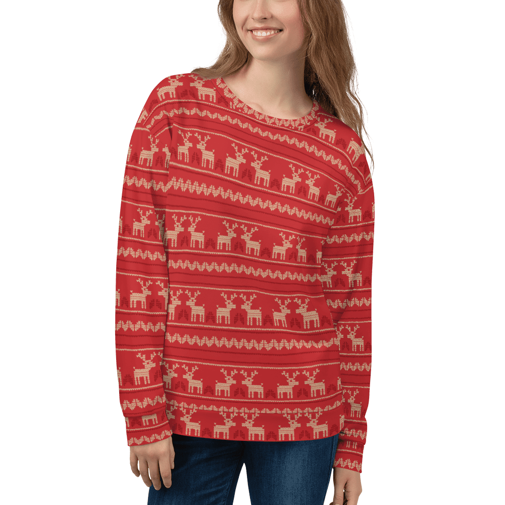 Buffalo Deer Cozy Holiday Sweatshirt, Unisex knitted Christmas Sweater in red Reindeer Design Print