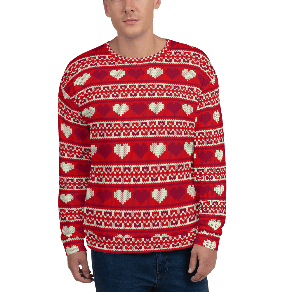 Best Hearts Christmas Sweater, Unisex Red and White Hearts Holiday Sweatshirt